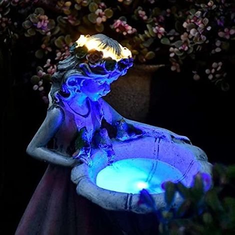 Statue De Fée De Jardin - Lumière Solaire Extérieure - Décoration De Parc Avec Baignoire À Oiseaux Éclairée - 1 Pièce (1/5)