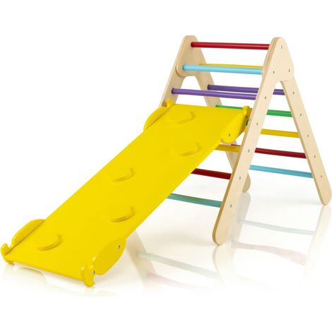 COSTWAY Wooden Climbing Ladder Indoor Kids Triangle Climber w/Ramp for Kindergarten Home
