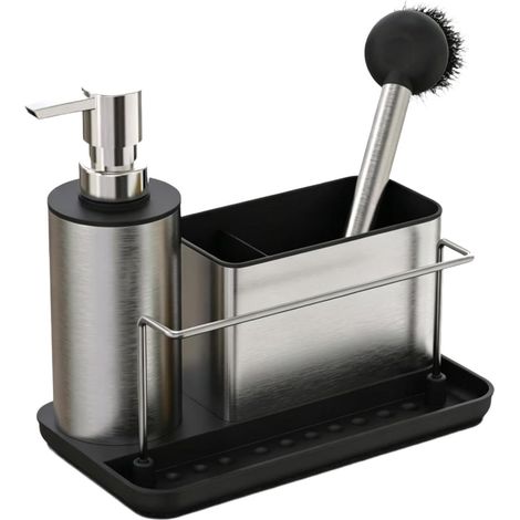 Dispensador de jabón de cocina con soporte para esponja, toallero, elegante organizador de baño, compacto y práctico para el lavabo. (1/5)