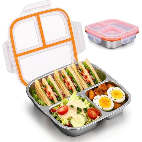 Boîte à pain/repas en acier inoxydable pour adultes (hommes et femmes), 3 compartiments, couvercles à verrouillage de sécurité, idéale pour les voyages. (1/5)