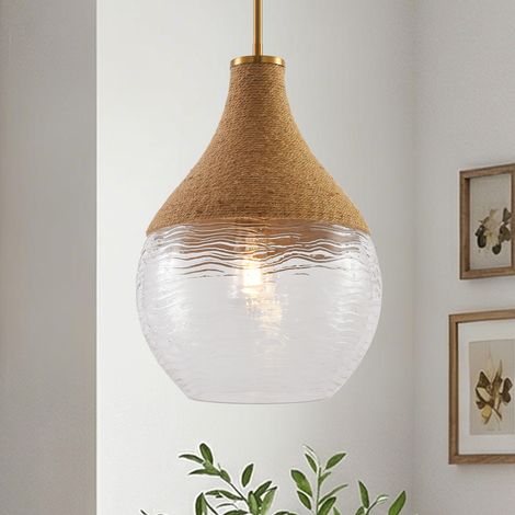 Parrot Uncle 33cm Gold Pendant Ceiling Light, Natural Rattan and Ripple Glass Hanging Lamp, E27 Pendant Light for Dining Room Living Room Bedroom (Bulb Not Included) (1/5)