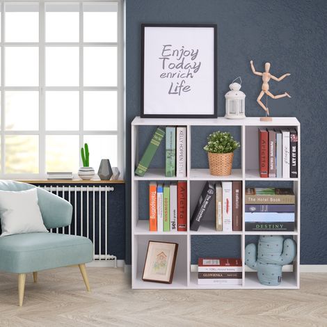 Weißes Bücherregal für Zuhause und Büro, modernes Design mit 9 Holzfächern, 91 x 29,5 x 91 cm