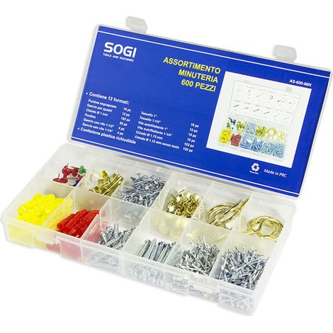ASSORTIMENTO SET SERIE DI 600 GANCI CHIODI VITI TASSELLI MURO PER CASA SOGI AS-600-MIN (1/4)