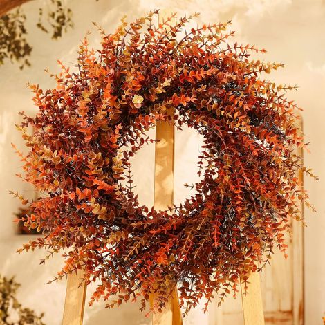 Grande couronne d'eucalyptus de 71 cm aux couleurs automnales, adaptée aux portes d'entrée et aux décorations d'automne Couronne d'automne artificielle en 3 couleurs pour ajouter une touche saisonniè