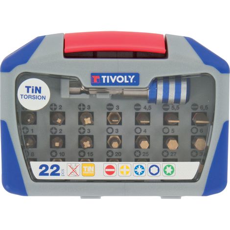 Tivoly • Coffret 22pcs d'embouts de vissage Torsion TIN, contient 3 PZ, 3PH, 7TX, 4HEX, 4FE, 1 Porte-Embouts (1/3)