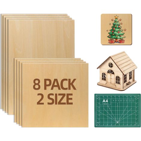 8PCS Contreplaqué 2mm Balsa Planche 300x200mm Bois Brut Bouleau non Finie 200x200mm Bois de tilleul Panneau Feuilles de Bois Minces pour Pyrogravure Maquette Gravure Laser Peinture (1/5)