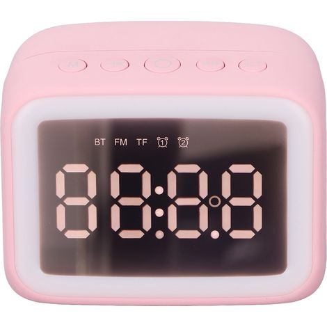 Réveil électronique numérique avec veilleuse rose, haut-parleur Bluetooth, miroir et radio FM. (1/5)