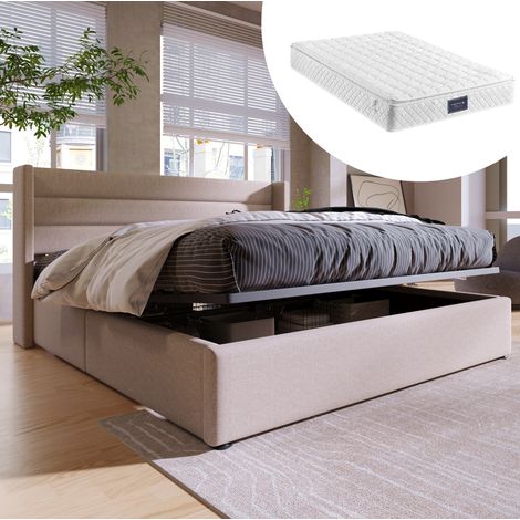 Lit coffre tapissé moderne 140x200 cm avec tête de lit en lin beige, ouverture hydraulique et matelas à ressorts inclus (1/5)