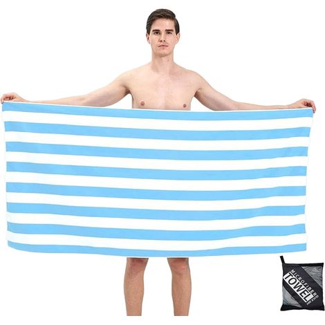 Grandes Serviette de Plage Microfibre avec Sac,160X90Cm Rayures Bleu Clair de Plage,Séchage Rapide,Anti-Sable,Douces et Super Absorbante,Portable Légère,pour Piscine Vacances Yoga Camping (1/5)