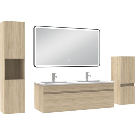 Acezanble Meuble double vasque 120cm avec colonne + miroir lumineux 3 couleurs + dimmable chêne wotan