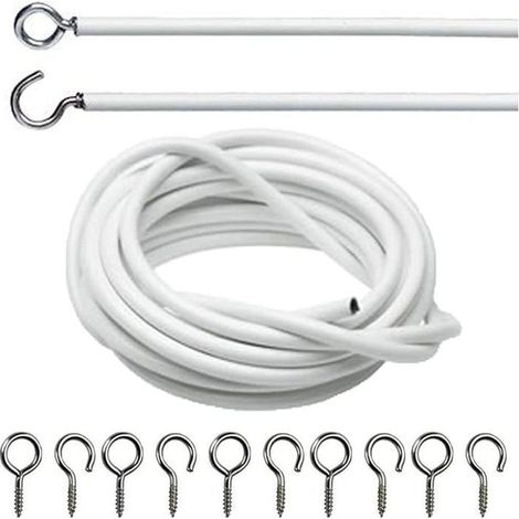 Câble métallique blanc pour rideau en filet avec 8 crochets et 8 œillets (3 mètres de câble + 8 crochets + 8 œillets) (1/5)
