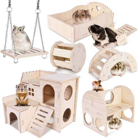 Casa para hámster: Set de 7 juguetes para hámster, accesorios para hámster, juguetes para roer, juguetes para trepar, puente y columpio, casa de madera para hámsteres y chinchillas.