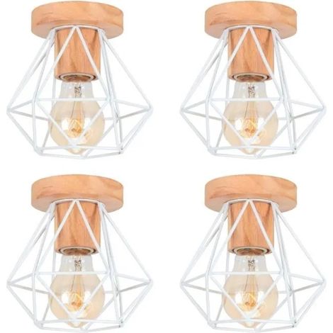 4pcs Plafonnier Industrielle en Cage Retro Blanc Lampe de Plafonde Vintage en Bois Métal Designe Simple pour Salon Chambre (1/4)