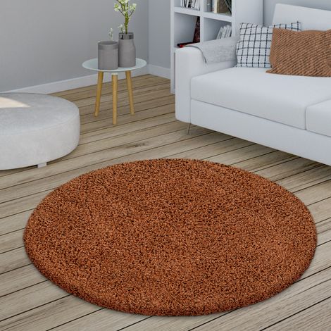 Paco Home Teppich Rund Hochflor Wohnzimmer Shaggy Langflor Weich Flauschig Modern Unifarben Ø 120 cm Rund, Terrakotta