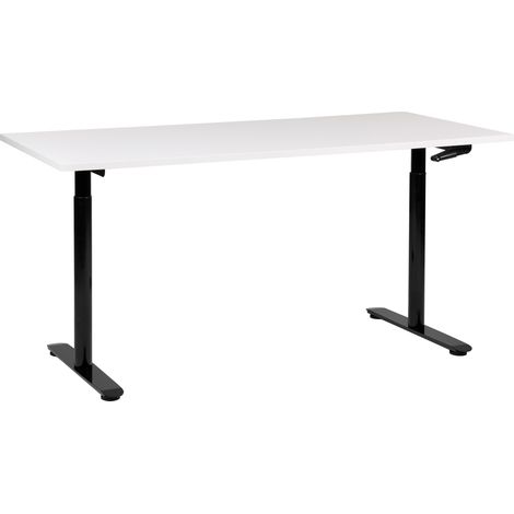 Escritorio de altura regulable manualmente oficina moderna patas redondas 160 x 72 cm tablero blanco soporte de acero negro DESTINAS