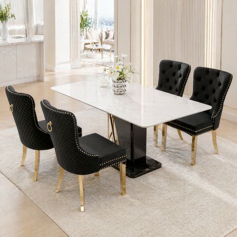 Silla comedor de terciopelo negra con respaldo de aro decorativo, tachuelas y patas de metal dorado, pies regulables, 50,5 x 45 x 95 cm, 150 kg - CHICFURN (1/5)