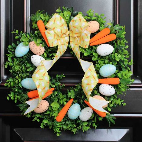 Guirlande De Porte De Pâques - Œufs De Pâques En Plastique - Carotte Et Fleurs Artificielles - Bow Jaune - Pour Porte D'Entrée - 1 Pièce (1/5)
