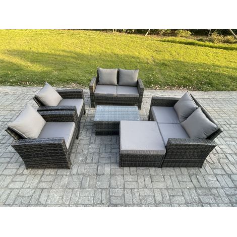 Fimous Garden Furniture Sets 6 Pieces Outdoor Rattan Furniture Manual Wicker Patio Sofa Chair Set with Coffee Table Big Footstool Dark Grey Mixed (1/5)