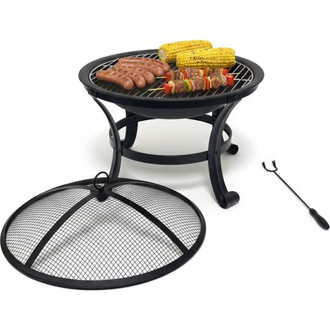 Relaxdays Feuerschale, Ø Schale 55 cm, mit Grillrost, Funkenschutz, Schürhaken, Stahl, Feuerstelle Garten, schwarz