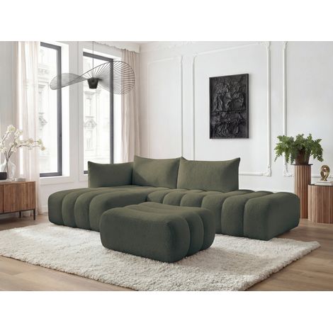 BOBOCHIC - Canapé d'angle fixe modulable AZRA tissu bouclette avec pouf Angle gauche  Vert (1/2)