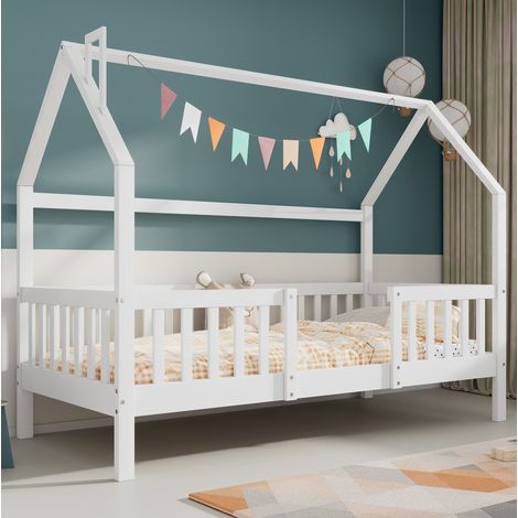 Lit enfant maison en pin blanc 90x200 cm avec barrières et sommier à lattes (1/5)