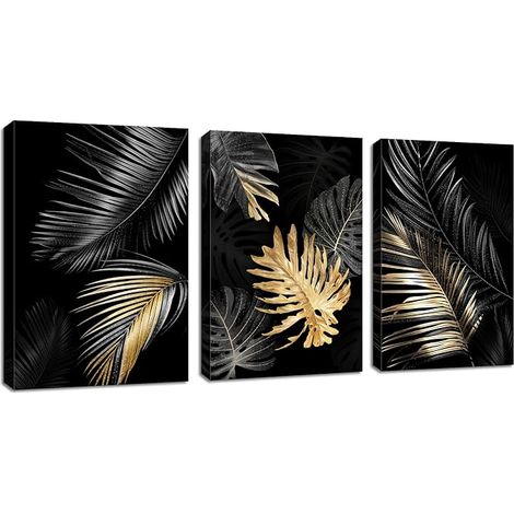 Feuilles noir Tableau Décoration Murale Salon Impression sur Toile Image sur Toile Abstraite Peintures sur Toile Décoration Murale Chambre Maison Bain prêt à accrocher 30x40cmx3pcs (1/5)