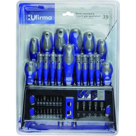 Hufirma 3895839 Set Cacciaviti e Inserti Cromo Vanadio 39 Pezzi Punte Magnetiche CRV S2 5 Bussole 16 Inserti colore Azzurro