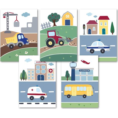 Lot de 5 images de véhicule mignonnes, décoration pour chambre d'enfant pour garçon, images pour enfants et posters de bébé, Format A4, Sans cadre photo, images pour chambre de bébé (1/4)