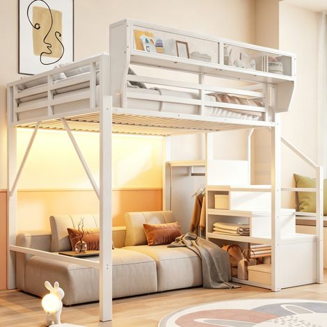 Cama alta 140x200 cm blanca, metal y MDF con estante ajustable y LED (1/5)