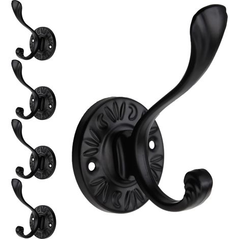 Lot de 5 crochets muraux noirs, style champêtre, noir mat, avec vis, en métal, crochets porte-serviettes noir mat (1/5)