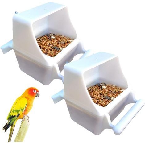 Deux mangeoires pour cages à oiseaux, bols en plastique pour aliments pour oiseaux avec perchoirs et couvercles anti-déversement, accessoires faciles à nettoyer pour cages à perruches, calopsittes. (1/5)