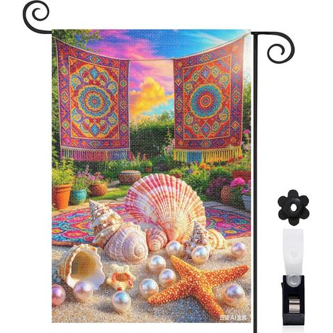 Drapeau de jardin bienvenue 30 x 45 cm motif coquillages marins étoiles de mer et perles toile double face décoration extérieure (1/5)