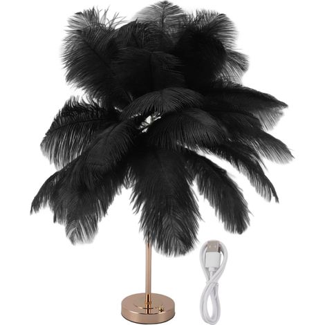 Ortviai Lampe de Bureau Décorative avec 30 Plumes d’Autruche, Rechargeable USB, Commande Tactile, Noir – TC-8830 (1/5)