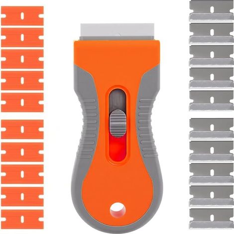 Grattoir pour plaque vitrocéramique, peinture pour vitres, plancha multifonction orange avec lame remplaçable et 10 lames en plastique, 10 lames métalliques pour nettoyer les autocollants de cuisine,
