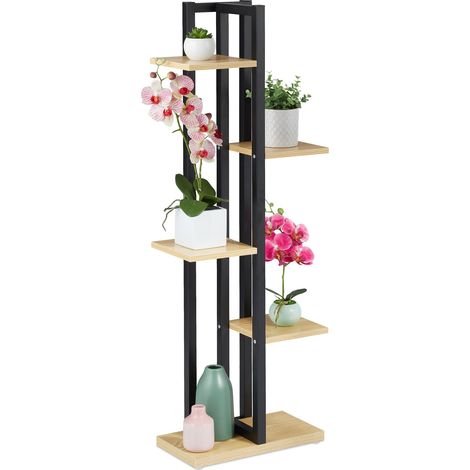 Relaxdays Scaffale Portafiori, Colonna Portavasi da Interno con 5 Mensole,Porta Piante, 117 x 43 x 22 cm, Marrone Chiaro