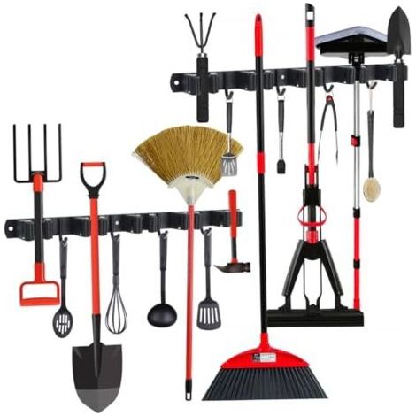 Support mural pour balais en 2 parties, 10 supports + 8 crochets, porte-outils en acier inoxydable, support adhésif pour outils de jardin et balais, support mural noir pour suspendre