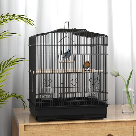 Vogelkäfig 46,5 x 36 x 59 cm mit 2 Futternäpfen, 2 Sitzstangen, Schaukel, herausnehmbarer Schale und schwarzem Stahlrahmen