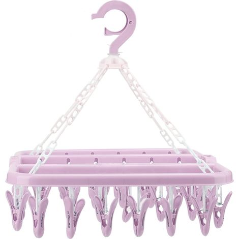 Cintre à Linge, étendoir Pliable avec 32 Clips de Suspension en Plastique et Cintre de séchage Goutte à Goutte pour Chaussettes, sous-vêtements, Serviette, écharpe, côté(Rose) (1/5)