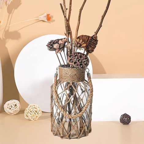 Verre Transparent avec Vintage Corde,Vase de Table Vintage pour Herbe de la Pampa,Vase Décoratif de Haute Qualité, (1/3)