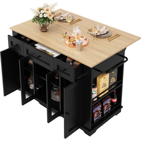 Ilot central de cuisine extensible Noir,desserte de Cuisine avec 3 Tiroirs et Portes,151.5x60(65)x91.7cm (1/5)