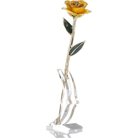 Rose jaune véritable plaquée or 24 carats avec socle - Cadeau de Saint-Valentin pour votre bien-aimé(e) (1/5)