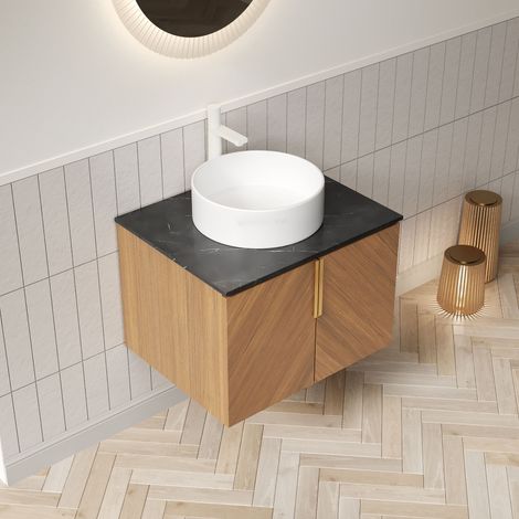 Mueble de baño suspendido ARAI de 61 cm con lavabo redondo de cerámica blanca, encimera de piedra sinterizada negra, armario de madera contrachapada de 2 puertas y acabado en color roble marrón. (1/5)