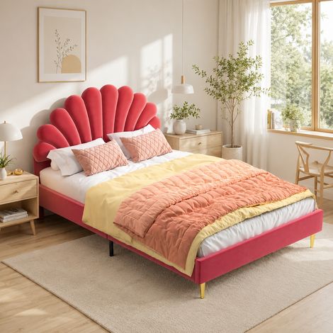 Lit adulte double 140 x 200 cm avec Tête de lit à hauteur réglable en forme de fleur - Pieds métal - Scandinave moderne - Velour Bordeaux (1/5)