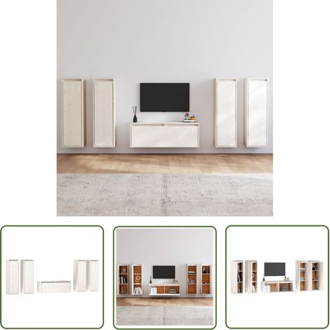 The Living Store Meubles TV 5 pcs Blanc Bois massif de pin - Meuble Tv - Meuble Suspendu - Rangement Mural - Bibliothèque Murale - Décoration Murale (1/5)