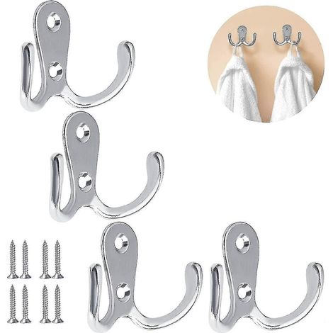 Lot de 4 crochets doubles pour peignoirs, crochets de porte en métal avec vis pour suspendre vêtements et serviettes de bain. (1/5)