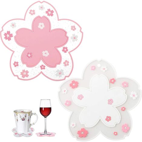 2 Pcs Flower Shape Silicone Coasters Silicone Coasters PVC Insulation Table Mat Silicone Trivet Mat Cherry Blossom Shape Coasters for Tea, Milk, Coffee (1/5)
