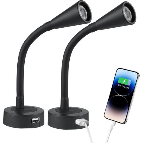Lampe de Lecture LED 12V Dimmable 2 pièces Camping-Car Bateau Murale de Chevet Col de Cygne Lumière 3200K avec Chargeur USB (1/5)
