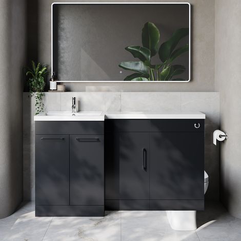 Napoli 390 Gloss Grey 1500mm 3 Door Vanity Unit Toilet Suite with Left Hand Square Lucia Basin - 1500mm - Chrome 160mm HandleWithout Kingston Toilet Pan