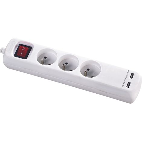 Bloc multiprise avec interrupteur 3 prises 10/16A – 2 prises USB 5V DC – Câble 1,4m H05VV-F – Puissance 3680W – DIO (1/5)