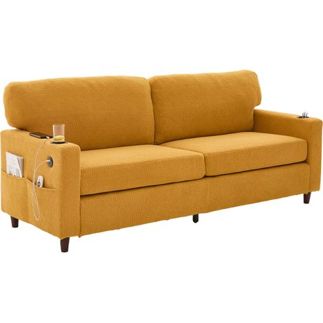Canapé 2 places en tissu jaune moutarde avec USB-C, LED, porte-gobelets et poches latérales, structure robuste en contreplaqué et métal - CHICFURN (1/5)